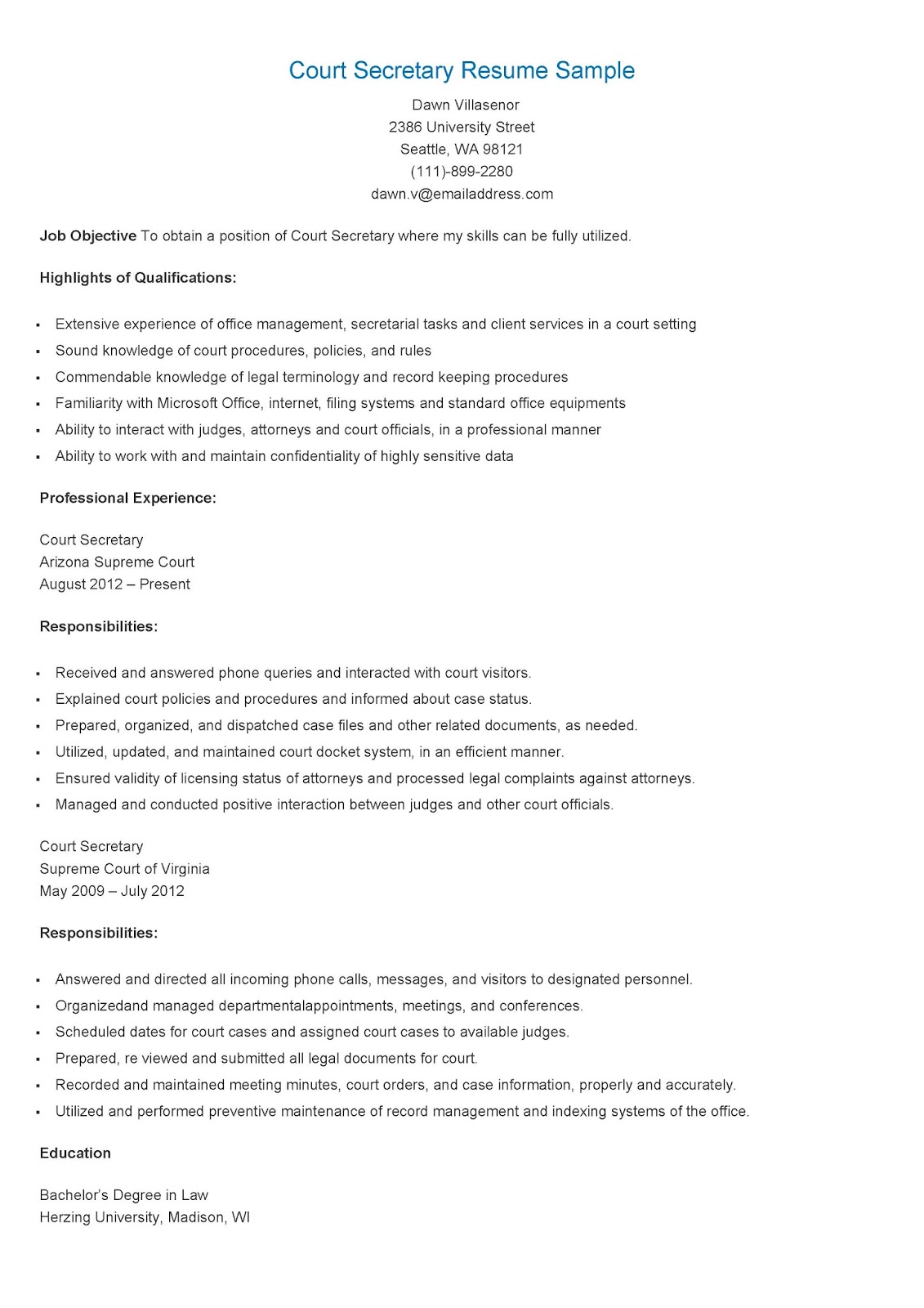 Church secretary job resume